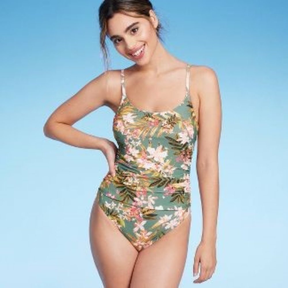 Kona Sol Women's Tropical Floral Print Shirred One Piece Swimsuit